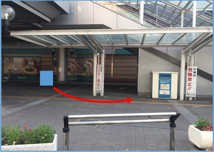 以前の場所から移動したことを示している矢印があり（左奥から右側手前へ移動）「広場内駐輪禁止」の看板の横にある寝屋川市駅返却ポストの写真